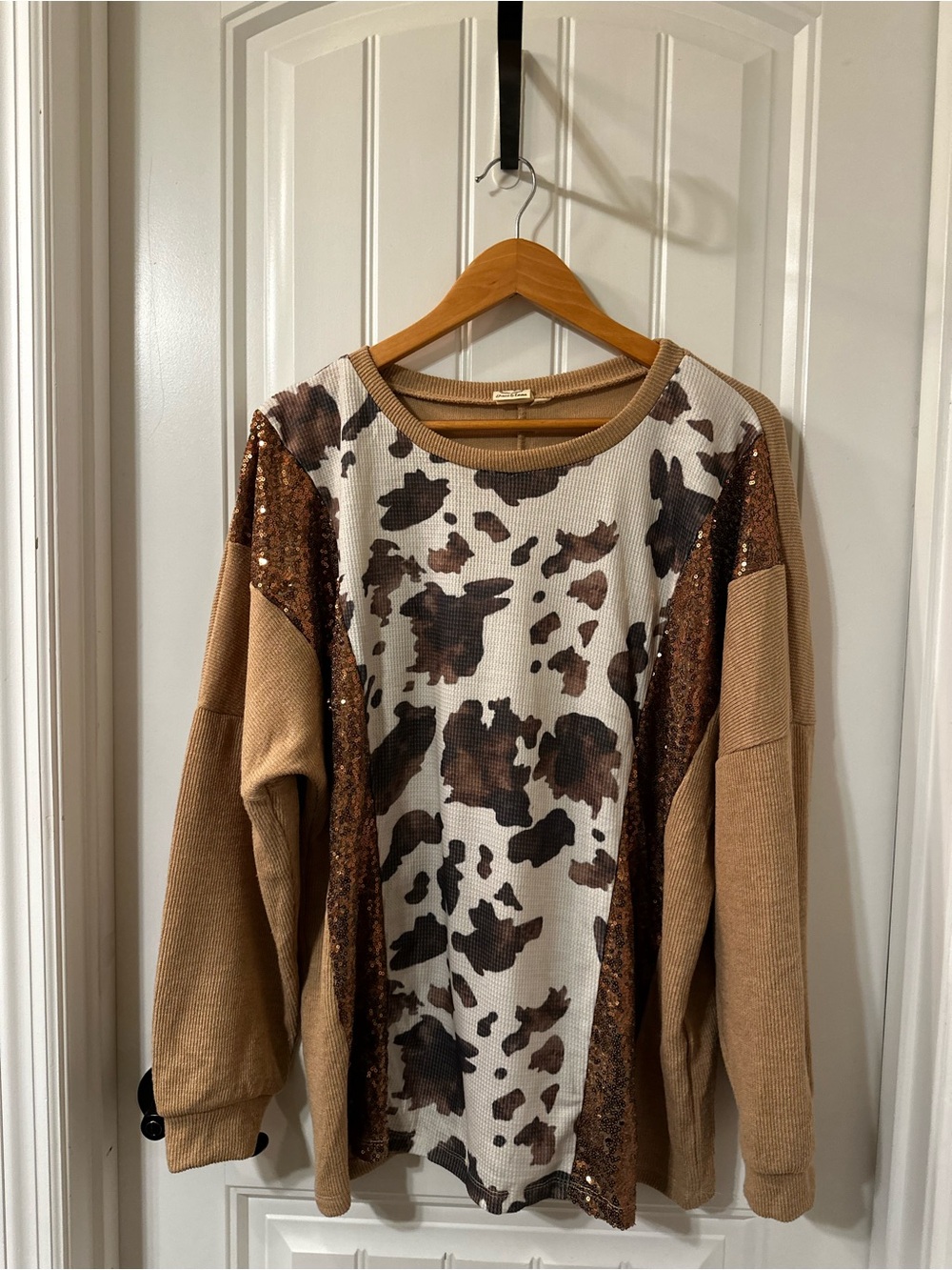 Cow Print & Sequin Panel Brown Pullover Sweater